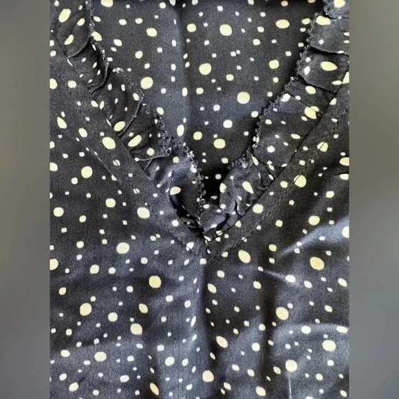 Ecru Blue Double Ruffle Sleeve V Neck‎ Polka Dot Career Top XS - Picture 4 of 6